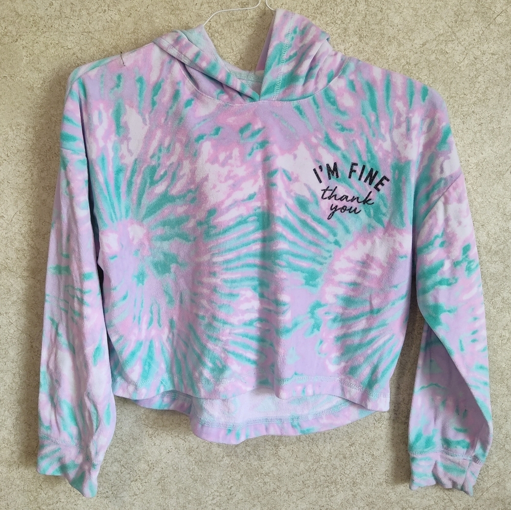 Justice Sleep Hooded Shirt Tie Dye Crop Top Long Sleeves Size Small 7/8